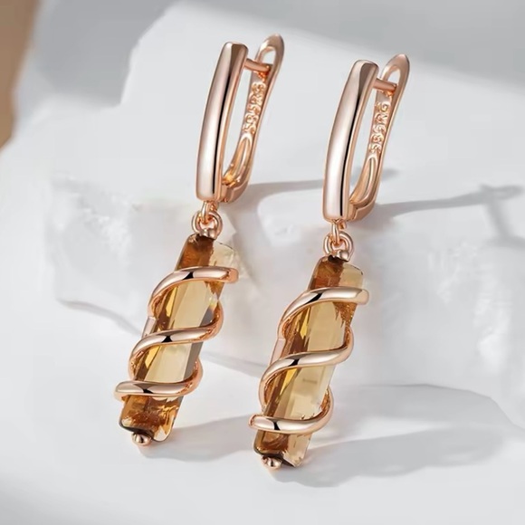 Light Brown Natural Zircon Drop Earrings for Women Unique Square 585 Rose Gold - Picture 3 of 4